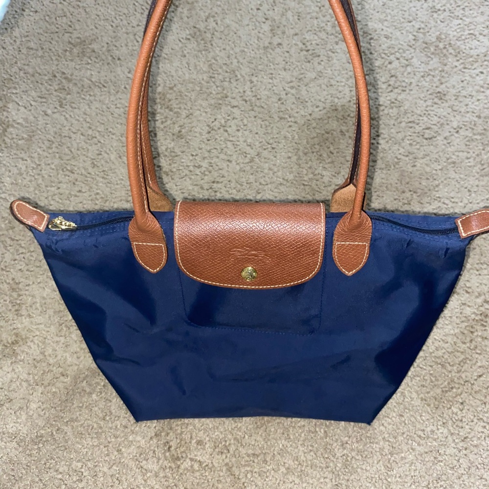 Longchamp Navy and Brown Le Pliage Tote size small